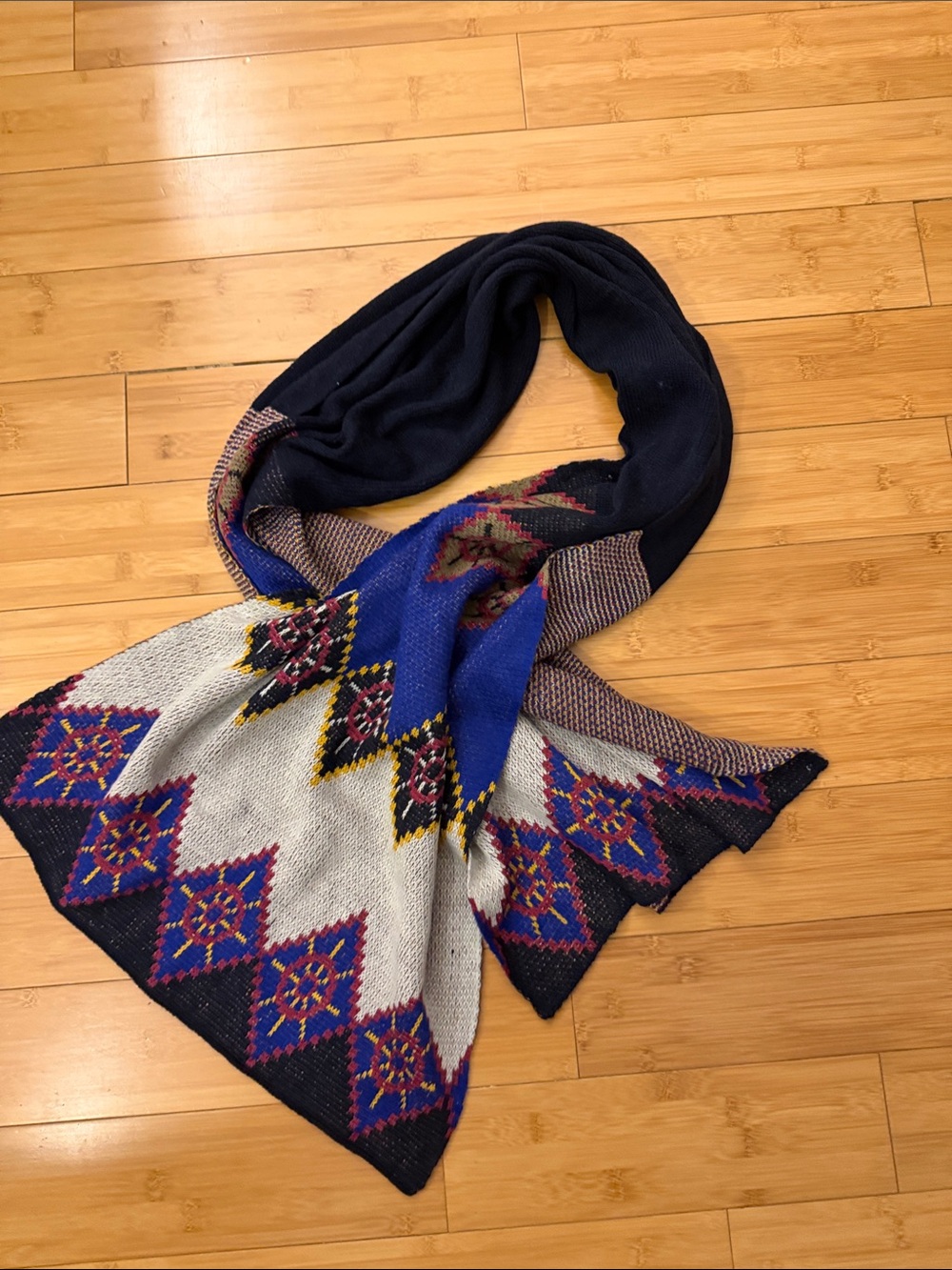 Navy Multicolor Geometric Knit Scarf Wrap